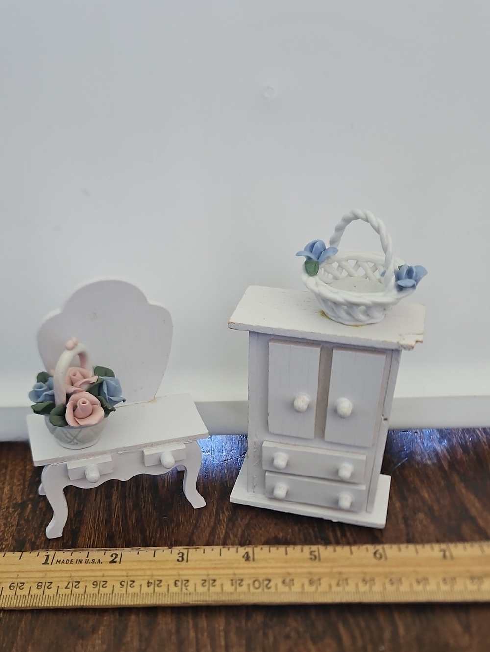 White Miniature Wooden Cabinet and Chair Set with Pink & Blue Floral Accents